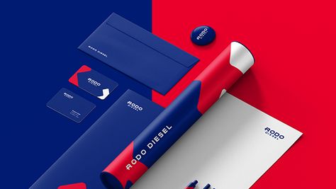 Rodo Diesel - Branding on Behance Logo Design Presentation, Blue Logo Design, Red And Blue Logo, Inmobiliaria Ideas, Identity Design Inspiration, Graphic Design Brochure, Tech Branding, Visual Identity Design, Logo Branding Identity