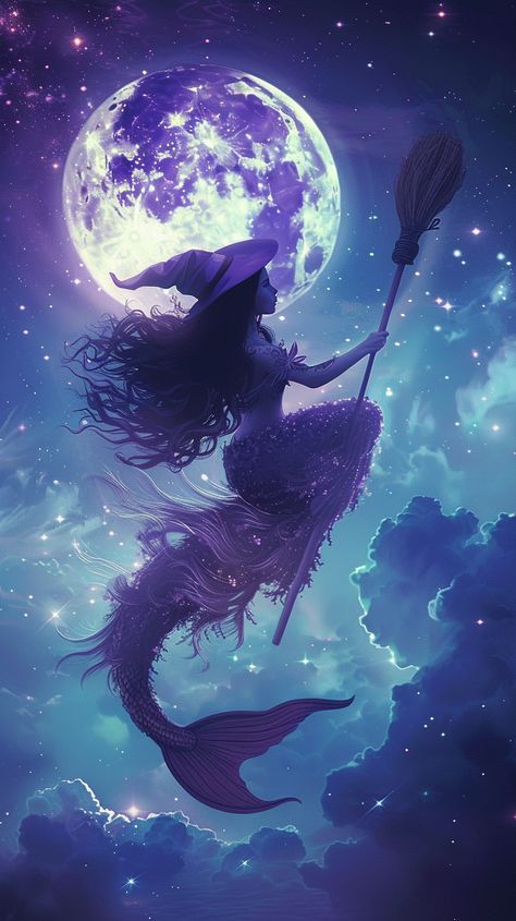 #Mermaid #Broomstick #Stars #BrightMoon #Whimsical #Tattoos #WitchHat #LongHair #9:16AspectRatio #TheCandie Big Witch Hat, Sky Tattoos, Flying In The Sky, Rosé Phone, Inspirational Digital Art, Bright Moon, Mermaid Tattoo, Sea Witch, Nice Art