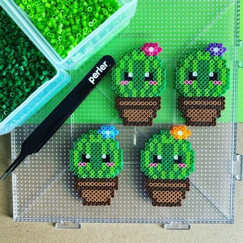 Succulent Perler Bead Pattern, Cactus Perler Bead Pattern, Perler Bead Plant Pattern, Perler Bead Patterns Plants, Perler Beads Cactus, Plant Perler Beads, Perler Beads Ideas Cute, Hama Beads Pattern, Perler Bead Crafts