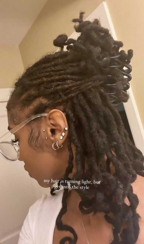 Loc Styles For Women No Retwist, One Loc In Back Of Natural Hair, Short Loc Ponytail Styles Dreadlocks, Loc Styles With Side Bangs, Medium Long Loc Styles, Locs With Scrunchie, Casual Loc Styles, Hairstyles For Thick Locs, Hands Braiding Hair