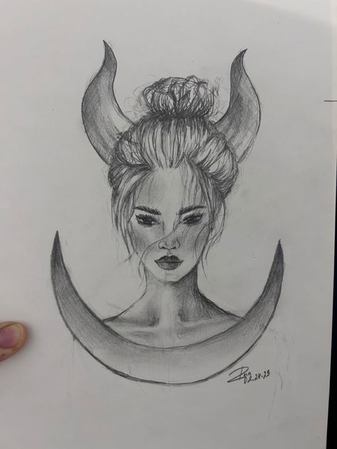 Charcoal pencil drawing of a female with thick horns and an upside down moon in front of them. Hair in a messy bun with some hair flowing in front of their face Taurus Drawing, Taurus Art, Taurus Woman, Drawing Sketches, Art Drawings, Art Inspiration, Drawings, Art