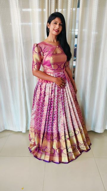 Silk Saree Gown Designs, Silk Saree Dress Gowns, Silk Saree Gown, Semi Silk Sarees, Long Frock, Saree Gown, Designer Studio, Long Frocks, Indian Gowns