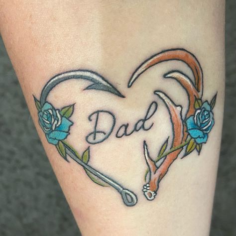 Fishing Hook And Deer Antler Tattoo, John Deer Tattoo Ideas, Fish Hook And Antler Tattoo Heart, Hunter Memorial Tattoo, Memorial Fish Tattoos, Fish Hook And Deer Antler Tattoo, Memorial Tattoo Ideas For Uncle, Antler And Fish Hook Tattoo, Remeberance Tattoos Dad