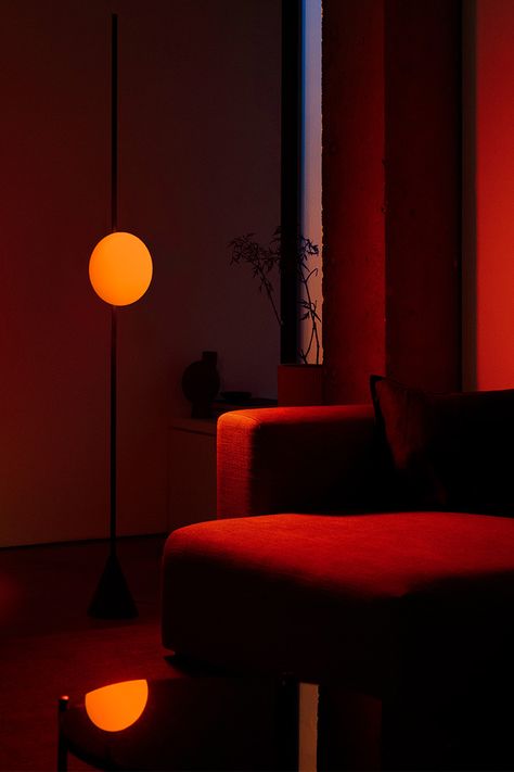 Sun Set Light Lamp, Ambient Lighting Floor Lamps, House Mood Lighting, Ambient Lighting Bedroom Interior Design, Red Light In Bedroom, Lamps And Lighting, Interior Ambient Lighting, Lamp Lighting Living Room, Warm Lamp Bedroom