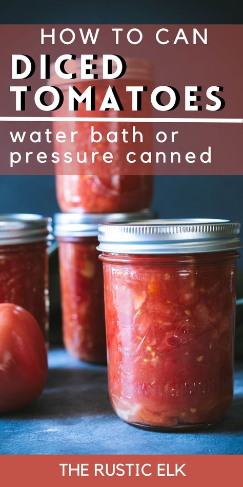 Perfect for beginners, this easy tutorial on how to can diced tomatoes will walk you through the easiest way to can tomatoes with instructions for both water bath canning and pressure canning! Learn how to easily can this pantry staple at home and flavor it up with things like basil and oregano with the listed recipe variations to make it your own! Water Bath Canning Diced Tomatoes, Pressure Canning Tomato Juice, How To Can Diced Tomatoes, Canning Stewed Tomatoes Water Bath, Canning Diced Tomatoes Water Bath, Pressure Canning Tomatoes, Canning Tomatoes For Beginners, Tomato Canning Recipes, Canning Stewed Tomatoes