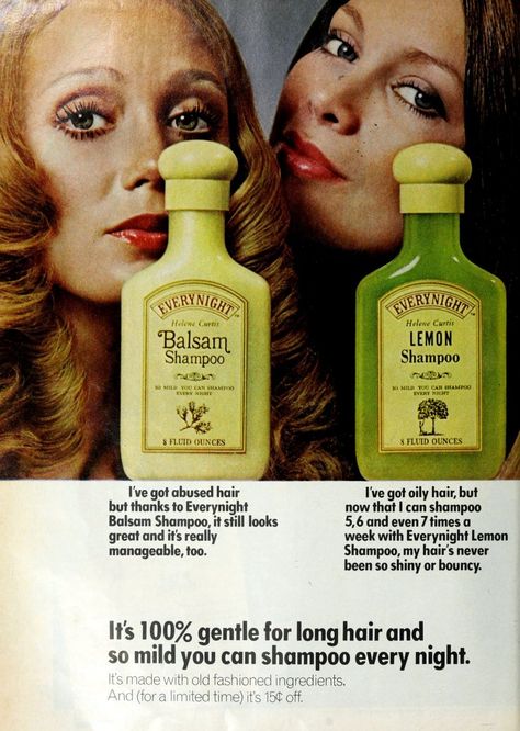 Shampoo Design, 70s Girl, Shampoo Bottles, Retro Beauty, 70s Aesthetic, Beauty Ad, Retro Brand, Oily Hair, Retro Hairstyles