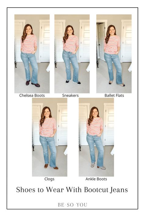 Bootcut jeans are universally flattering thanks to their slight flare at the bottom. They’re ideal for pairing with a variety of shoe styles since the flare isn’t as wide as flare jeans. Click to read the post for tips on choosing the best shoes with bootcut jeans. Shoes With Bootcut Jeans, Shoes To Wear With Bootcut Jeans, Adidas Tennis Shoes, Flat Booties, Types Of Jeans, Patent Leather Loafers, Modern Shoes, Best Shoes, Long Jeans