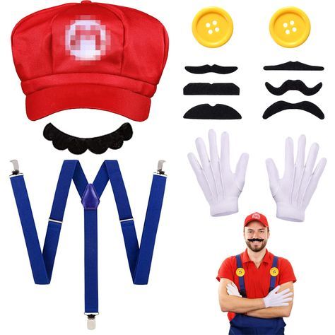 PRICES MAY VARY. 💡【Entering Mario Game World】: Super brother mario and luigi costume accessories set can help you create classic mario and luigi style look, making you feel that you are in a vintage video game scene. It can not only be worn at a specific theme party, but also can be used flexibly in daily matching, making your outfit more layered. Take the Mario hat and stick to the unique beard and explore the mario gaming world with friends! 🗝【Carefully Selected Material】: Video game role co Mario Birthday Outfit, Mario Costume Diy, Mario Dress, Super Mario Costumes, Luigi Costume, Mario Hat, Mario Theme, Mario Costume, Mario Game