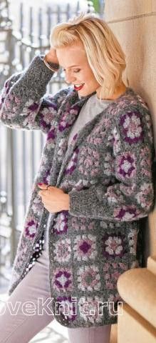 Crochet Jacket with Flowers Granny Square Häkelanleitung, Squared Clothes, Crochet Jacket Pattern, Granny Square Sweater, Irish Crochet Dress, Crochet Shrug, Crochet Granny Square, Crochet Square Patterns, Crochet Dress Pattern