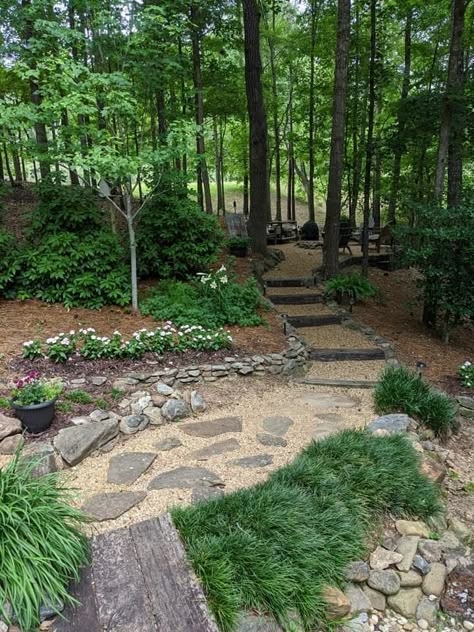 Large Yard Landscaping Ideas, Wooded Backyard Landscape, Large Yard Landscaping, Meditation Nook, Landscaping Design Ideas, Wooded Landscaping, Sloped Backyard, Large Yard, Yard Landscaping Ideas