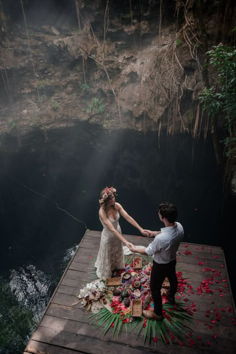 This couple ditched traditional wedding plans and opted for a spiritual experience in a Tulum cenote | Images by That Moment Photo + Andre Gouin Irish Wedding Traditions Handfasting, Bobo Wedding, Cenote Wedding, Dark Wedding Theme, Pagan Wedding, Tulum Wedding, Hippie Wedding, Boda Mexicana, Wedding Rituals