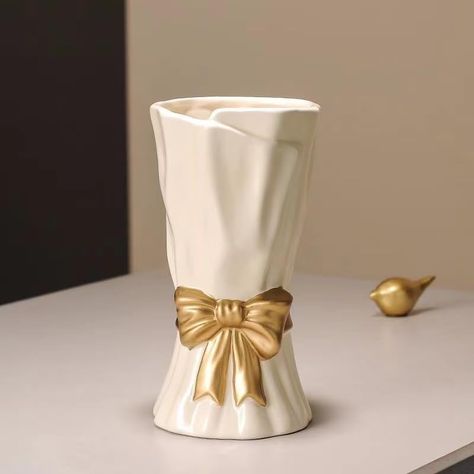 Bow Vase, White Flower Vase for Home Decor, White Ceramic Vase for Boho Style, 9.3 Inch Large Vase for Ideal Shelf Decor/Table/Living Room. (Glazed Exterior and Interior) Bow Vase, Gold And White Decor, Vital Spring, White Flower Vase, Vase Aesthetic, Organic Modern Home Decor, Unique Flower Vases, Owl Sculpture, White Ceramic Vase