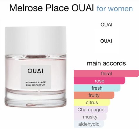 Spring💐/Summer☀️ Fragrance. Melrose Place by OUAI is a Floral Woody Musk fragrance for women. Top notes are Champagne, Litchi, Red Berries and Pink Pepper; middle notes are Rose, Peony, Freesia, Bergamot and Jasmine; base notes are White Musk, Cedar, Sandalwood and Amber. Ouai Perfume, Musk Perfume, Musk Fragrance, Melrose Place, Perfume Collection Fragrance, Glamorous Hair, Summer Fragrance, Perfume Scents, Hair Perfume