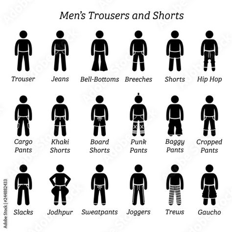 Stock Image: Men trousers, pant and shorts. Stick figures depict a set of different types of trousers, pants, and shorts. This fashion clothings design are wear by men or male. Baggy Slacks, Types Of Trousers, Celana Kargo, Male Trousers, Types Of Shorts, Pants Outfit Men, Clothing Design Sketches, Outfits Hombre, Fashion Vocabulary