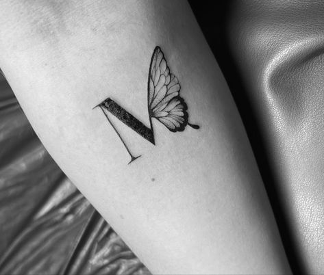 M With Butterfly Tattoo, Butterfly Letter Tattoo, M Butterfly Tattoo, Letter M Tattoo Designs, Letter M Tattoo Ideas, M Letter Tattoo, M Tattoo Letter, Letter M Tattoo, Shaded Tattoo