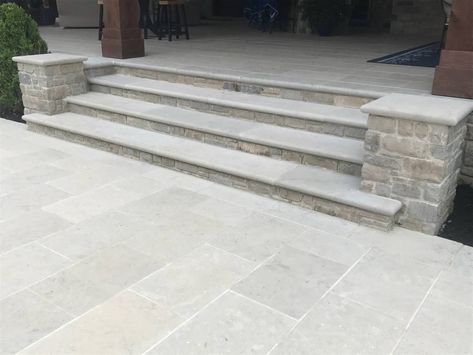 Back Door Concrete Steps, Front Porch And Sidewalk Ideas, Bullnose Stone Steps, Paver Stairs Front Porches, Natural Stone Front Steps, Exterior Front Steps Ideas, Limestone Entryway Exterior, Paver Steps Front Porches, Limestone Stairs Outdoor