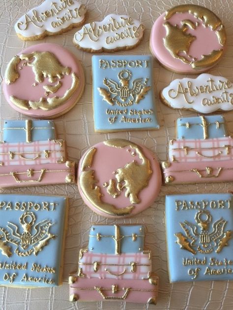 Travel Cookies Decorated, Travel Cupcakes, Travel Cookies, Vintage First Birthday, Travel Bridal Showers, Cake Smash Theme, Adventure Awaits Baby Shower, Travel Baby Shower Theme, Travel Baby Showers