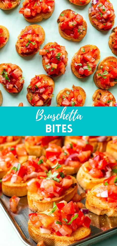 These toasty Bruschetta bites are delicious and easy to prepare. Top with olive oil, tomatoes, garlic and red onion. to make to this colourful, tasty snack. Bruschetta Bites Party Appetizers, Red Dinner Ideas, Red Finger Food Ideas, Galentines Party Snacks Savory, Red Foods For Party Savory, Red Christmas Appetizers, Red Themed Food Board, Red Finger Foods, Red Colored Food