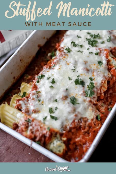 Looking for a delicious and hearty meal to warm up with on these cold winter nights? Look no further than our stuffed manicotti with meat sauce! Made with tender pasta tubes stuffed with a savory blend of cheese and spices, smothered in a rich and flavorful meat sauce, and topped with gooey melted mozzarella cheese. It's a comforting classic that the whole family will love. Try it tonight! #stuffedmanicotti #meatsauce #dinnerideas Mannacottie Recipe, Stuffed Manicotti Recipe Meat, Ground Beef Stuffed Manicotti, Stuff Manicotti Recipes, Stuffed Manicotti With Meat, Meat Manicotti Recipe, Ricotta Stuffed Manicotti, Manicotti With Meat Sauce, Manicotti With Meat