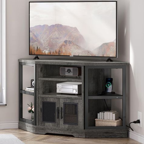 Corner TV Stand for TVs up to 55 Inch with Power Outlet, Modern Farmhouse Entertainment Center, Wood TV Media Console with Storage Cabinets Shelves Farmhouse Corner Tv Stand, Tv Stand Shelf, Oak Corner Tv Stand, Modern Farmhouse Tv Stand, Tv Media Console, Console With Storage, Farmhouse Entertainment Center, Corner Tv Stands, Tv Stand Shelves