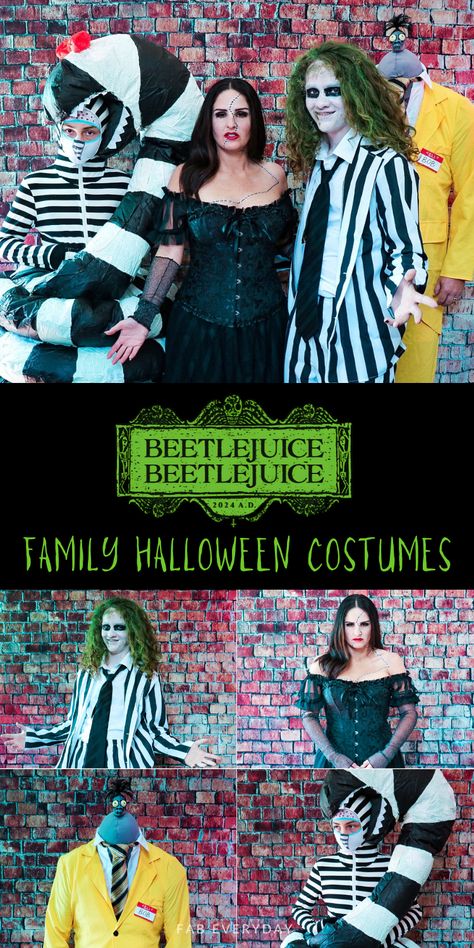 If you're looking for Beetlejuice group costumes or Beetlejuice family costume ideas, these Beetlejuice movie Halloween costumes are easy to put together! We have a Beetlejuice Halloween costume, a Beetlejuice Delores costume (Beetlejuice wife costume inspired by the character in the new movie), a Beetlejuice Bob costume (the shrunken head guy), and a fun DIY Beetlejuice sandworm costume. Click or visit FabEveryday.com for all the details to inspire your own family Beetlejuice Halloween costume! Beetlejuice Wife, Delores Costume, Beetlejuice Family Costume, Sandworm Costume, Diy Beetlejuice, Beetlejuice Characters, Beetlejuice Halloween Costume, Family Costume Ideas, Beetlejuice Costume