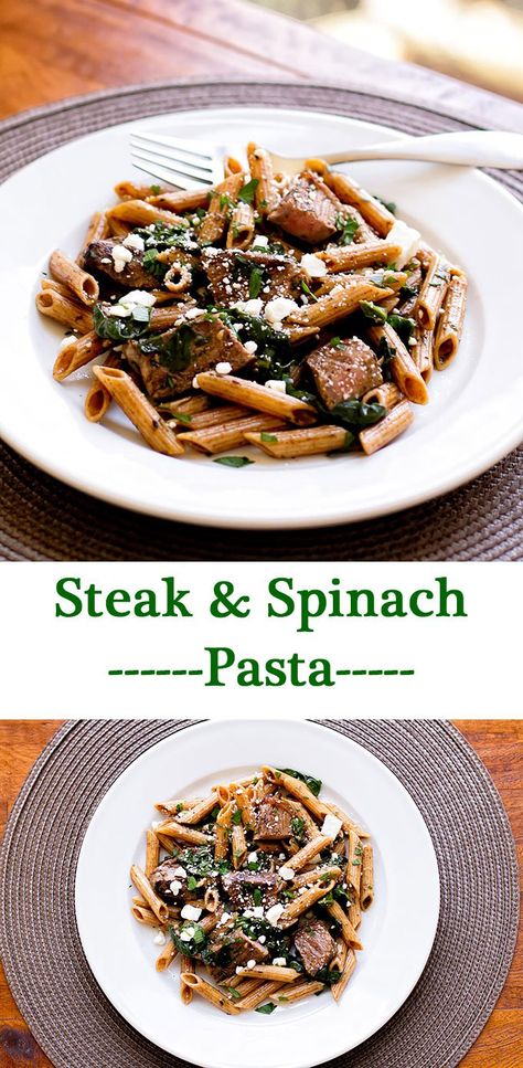 Steak & Spinach Pasta | girlgonegourmet.com                                                                                                                                                     More New York Strip Steak, Pasta With Feta Cheese, Steak Pasta, Seared Salmon Recipes, Chimichurri Recipe, Tender Steak, Spinach Pasta, Strip Steak, Pasta Dinner Recipes