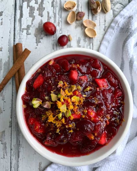 Easy to make Homemade Cranberry Sauce in 15 minutes! Infused with fresh orange and cinnamon. Bursting with bites of tangy-sweet cranberries apples and pistachios - you can't get this flavor from a can! #cranberrysauce #thanksgiving #thanksgivingsides #homemadecranberrysauce #cranberries #sidedish #agoudalife Paleo Cranberry Sauce, Maple Cranberry Sauce, Easy Cranberry Sauce, Cranberry Orange Sauce, Medium Recipe, Fresh Cranberry, Cranberry Sauce Recipe, Onion Relish, Orange Sauce