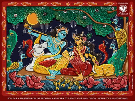 Radha Krishna Patachitra, Radha Krishna Pattachitra, Madhubani Painting Krishna Radha, Radha Krishna Pattachitra Painting, Radha Krishna Madhubani Art, Krishna Folk Art, Pattachitra Paintings Odisha, Madhubani Art Krishna, Madhubani Krishna