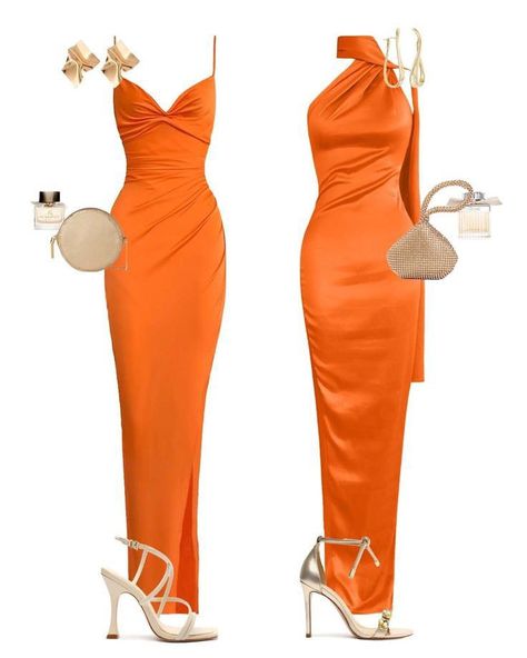 Orange Classy Dress, Orange Classy Outfits, Orange Dress Elegant, Colombia Wedding Guest Dress, Orange Dresses Wedding, Orange Soiree Dresses, Orange Elegant Dresses, Orange Dress Outfit Wedding Guest, Orange Dress Styling