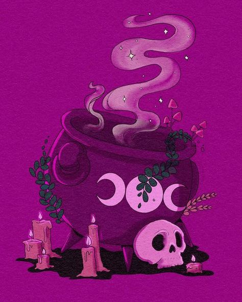 Pink Witchy Aesthetic, Witchy Art Aesthetic, Cauldron Painting, Cauldron Aesthetic, Cauldron Drawing, Cute Cauldron, Halloween Mushrooms, Mushrooms Painting, Cauldron Witch