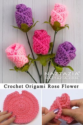 Learn How to Crochet Simple Origami Rose from a Circle by Donna Wolfe from Naztazia Origami Rose Flower, Crochet Origami, Simple Origami, Crochet Roses, Crochet Rose Pattern, Rose Flower Pattern, Crochet Flowers Easy, Origami Rose, Crochet Flowers Free Pattern