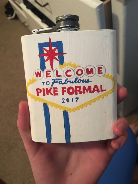 Painted flask, fraternity, pike Painted Flask Fraternity, Fraternity Sweetheart Ideas, Pike Formal Cooler, Frat Flask Painted, Frat Paddle Ideas, Pike Frat Cooler, Flask Ideas Diy, Formal Flask, Pike Cooler