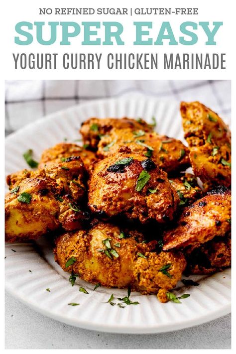 Add some flavour to your chicken with this delicious and healthy yogurt curry chicken marinade. Inspired by Indian cuisine, this Greek yogurt marinade helps to keep your chicken thighs incredibly tender and juicy and is so simple to prepare. Mild in spice, it’s kid-friendly, and perfect for meal prep or weeknight family meals! {gluten-free} Indian Yogurt Sauce, Curry Chicken Marinade, Greek Yogurt Marinade, Spicy Chicken Marinades, Chicken Yogurt, Curry Chicken Thighs, Indian Yogurt, Yogurt Curry, Yogurt Marinade