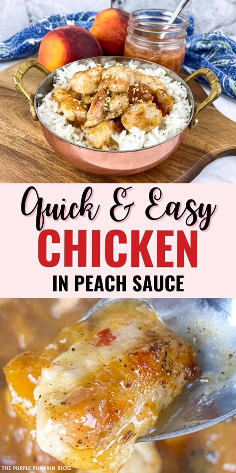 The flavors of chicken and peaches blend beautifully together and so this Chicken in Peach Sauce dish, served with rice, is both different and delightful. Made with chicken and savory peach compote and combined with rosemary, garlic, and chili it is super quick and easy. Chicken With Peach Preserves, Chicken And Peaches, Peach Recipes Dinner, Peach Dish, Quick Easy Chicken, Peach Chicken, Peach Compote, Peach Sauce, Chicken Over Rice