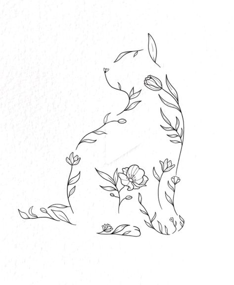 Pet Outline Tattoo Cat, Cat Silhouette Tattoos With Flowers, Floral Cat Tattoo Design, Fine Line Cat Tattoo With Flowers, Pet Tattoos Cat Memorial, Cat And Flowers Drawing, Flower Cat Tattoo, Sweatshirt Crafts, Cat Silhouette Tattoos