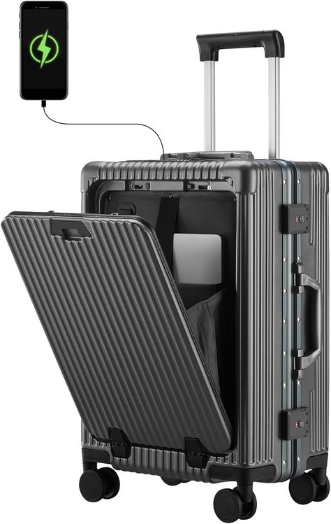 Hardsided front compartment: Designed for quick access to tablets and laptops up to 16". small compartments for convenient access before or during your flight. The luggage also features a built-in USB port and Type C port and an internal power bank compartment for easy charging on the go.Hidden folding cup holder on the back of the suitcase, aluminum alloy handle design mobile phone holder, and hook on the side of the suitcase. Hard Case Luggage, Hard Sided Luggage, Carryon Bag, Suitcase Sizes, Travel Supplies, Checked Luggage, Carry On Suitcase, Suitcase Traveling, Travel Items