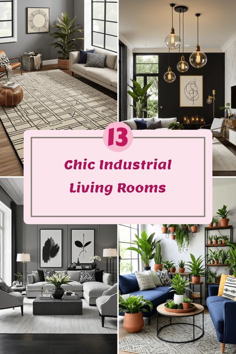 Explore 13 chic industrial living room ideas featuring raw materials, bold lighting, trendy decor, and refreshing greenery. Pin includes 4 images showcasing dynamic styling options in industrial-themed spaces. Apartment Decor Industrial, Industrial Glam Living Room, Soft Industrial Decor, Industrial Living Rooms, Industrial Chic Living Room, Industrial Living Room Ideas, Bold Lighting, Bold Furniture, Modern Industrial Living Room