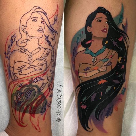 🦄Jackie Huertas 🌈 no Instagram: “Some cover up action on the lovely Jasmine! Thanks so much for the trust babe! You sat like an absolute boss! #tattoo #tattoos #disney…” Disney Tattoos Pocahontas, Boss Tattoo, Tattoos Disney, Disney Inspired Tattoos, Disney Sleeve Tattoos, Pocahontas Tattoo, Disney Sleeve, Disney Princess Tattoo, Princess Tattoo