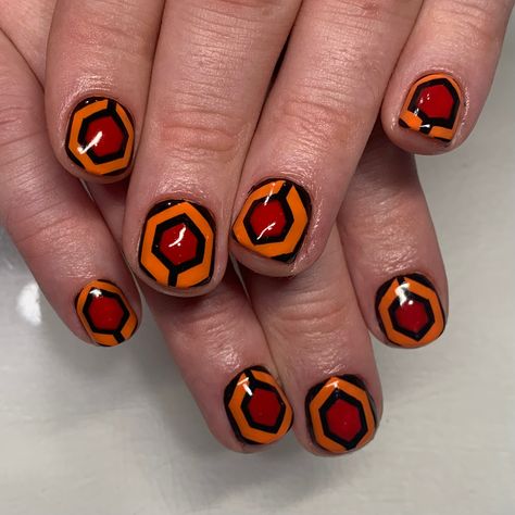 The Shining horror spooky halloween nail art Horror Movie Inspired Nails, Shining Nails, The Exorcist Nail Art, Rocky Horror Nails, The Shining Nails, The Shining Nail Art, Horror Movie Nail Art, Scary Nails Horror Movies, Horror Nail Art