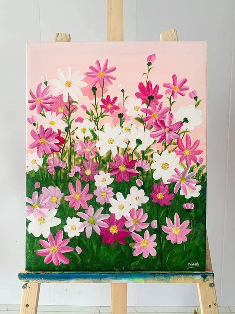 Paintings Pink Aesthetic, Pink Flower Canvas Painting, Canvas Painting For Mom, Pretty Flower Paintings, How To Paint A Flower, Mother's Day Painting Ideas Canvases, Flower Paintings Easy, Spring Canvas Painting, Canvas Painting Ideas Pink