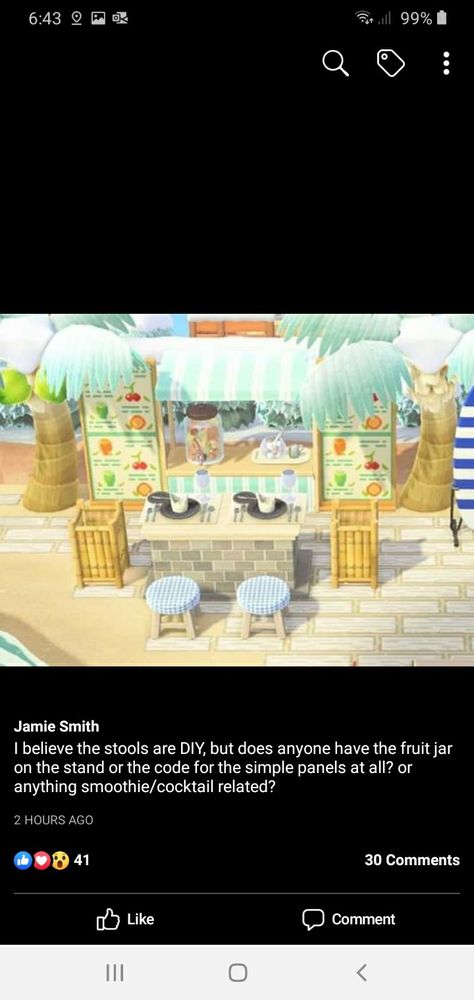 Animal Crossing Smoothie Bar, Drink Machine Design Acnh, Acnh Smoothie Bar, Acnh Rooms, Acnh Beach, Animale Crossing, Pool Snacks, Drink Shelf, Smoothie Shop