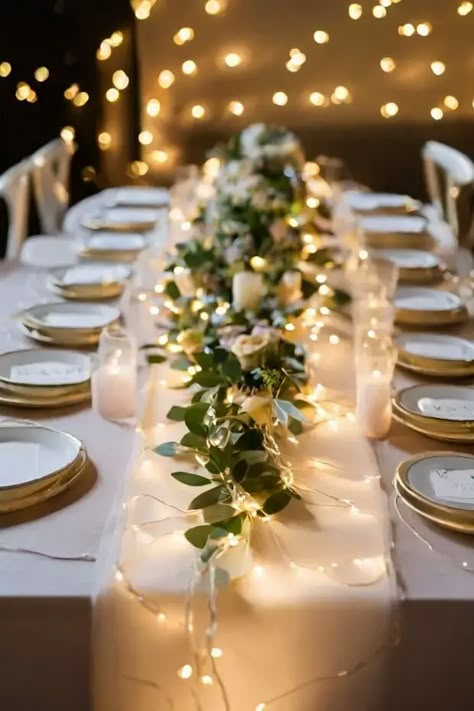 21 Enchanting Ways to Incorporate Fairy Lights in Your Dream Wedding Decor - Prairie Hive Light Table Centerpieces, Lighted Table Runner, Fairy Lights Wedding Reception Table, Fairy Lights On Table Wedding, Twinkle Light Centerpiece Wedding, Fairy Centerpieces Wedding, Table Decorations With Fairy Lights, Christmas Light Wedding Decor, Wedding Centerpieces Without Candles