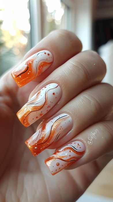 Orange Nail Designs Orange Nails With Charms, Nail Designs Coral, Orange And Yellow Nail Designs, Red And Orange Nails, Neon Nail Designs, Orange Nail Designs, Yellow Nails Design, Orange Nail, Stunning Nail Designs