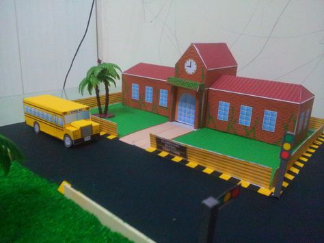 Miniature papercraft school building, road and bus Miniature School Building, Bus Papercraft, Apple Unit Study, Science Exhibition Projects, Mini Funko Pop, Paper House Template, Miniature School, Do Crafts, Apple Unit