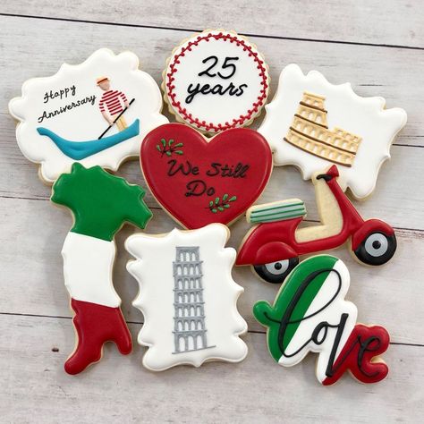 Krissy’s Cookies on Instagram: “25th Anniversary cookies for a sweet couple who had to reroute their celebration from Italy to home sweet home ❤️ Love you guys!…” Guys Instagram, Anniversary Cookies, S Cookies, Italian Party, 50th Anniversary Party, Italian Cookies, Royal Icing Cookies, Sweet Couple, Sugar Cookies Decorated