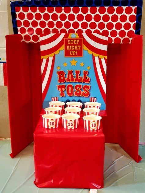 Carnival Guessing Booth, Carnival Food Display, Carnival Ball Toss Game, Spring Carnival Decorations, Daycare Carnival Ideas, Prize Table Display, School Fun Fair Ideas, Carnival Party Decorations Diy, Ball Toss Carnival Game