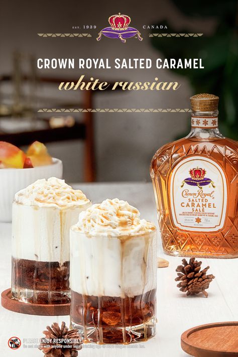 Crown Royal Salted Caramel, Whisky Cocktail Recipes, Caramel Drinks, Salted Caramel Recipes, Whisky Cocktails, Christmas Cocktail, Boozy Drinks, White Russian, Caramel Recipes