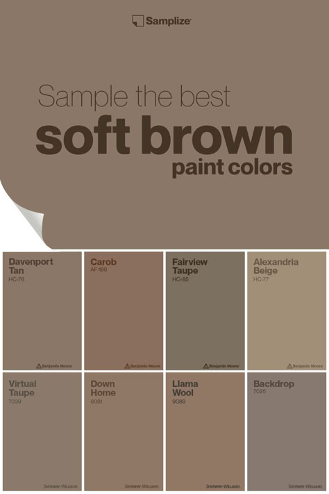 Sample the best soft brown paint colors with Samplize for your home painting projects! Best Light Brown Paint Colors, Brown Interior Paint Colors, Brown Paint For Living Room, Light Brown Paint Living Room, Light Brown Accent Wall, Brown Paint Colors Bedroom, Medium Brown Paint Colors, Brown Paint Bathroom, Brown Paint Interior