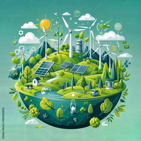 Download Environmental Conservation Graphic design featuring green landscapes and renewable energy sources, symbolizing the growth,digital illustration created with generative ai. Stock Illustration and explore similar illustrations at Adobe Stock. Sustainable Development Design, Energy Conservation Poster, Save Energy Poster, Renewable Energy Design, Ecology Art, Solar Energy Design, Environmental Posters, Art Competition Ideas, Renewable Energy Sources