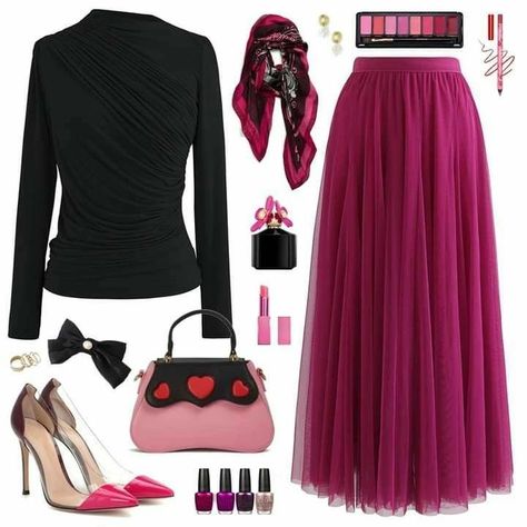 Blow Beauty (@blow_beauty12) • Instagram photos and videos Magenta Outfit Ideas, Outfit Magenta, Burgundy Skirt Outfit, Magenta Outfit, Long Skirt Looks, Work Skirt Outfit, Hijabista Fashion, Moslem Fashion, Modest Casual Outfits